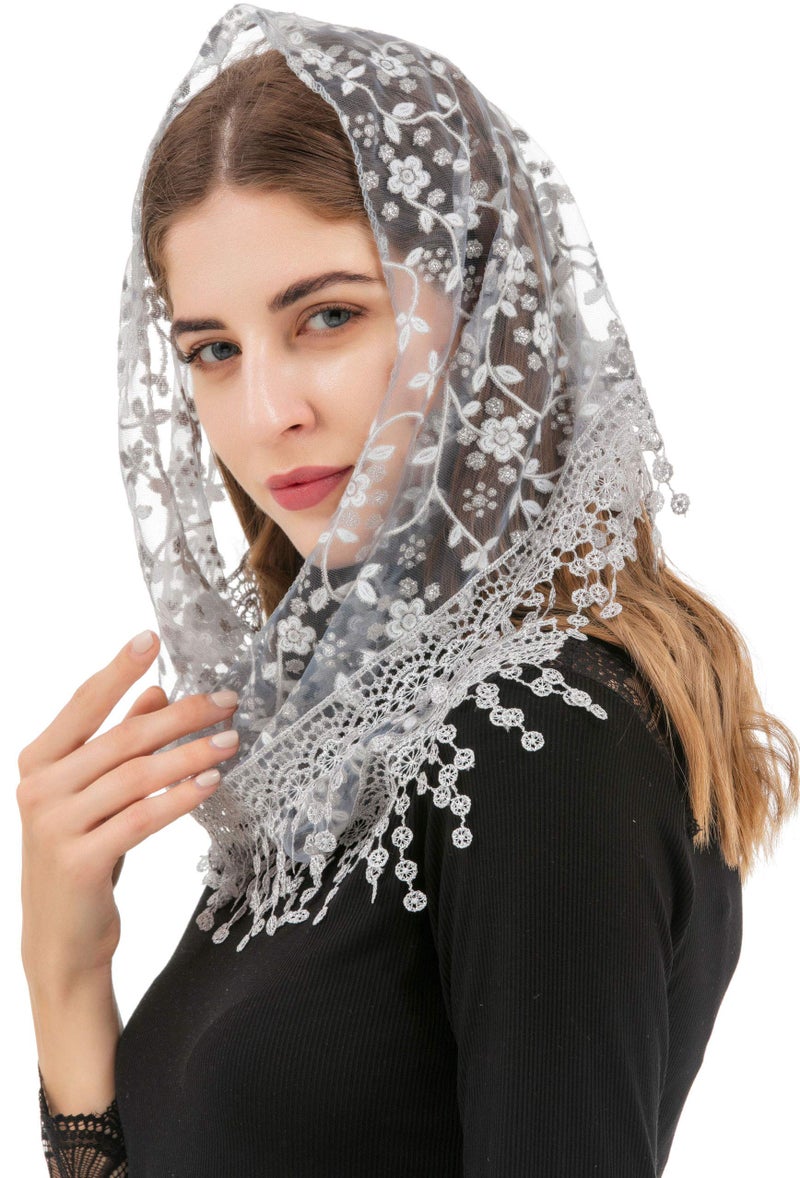 PAMOR Triangle Lace Veil Mantilla Cathedral Head Covering Chapel Veil for Mass Wedding Bridesmaids (Gray) - Image 2